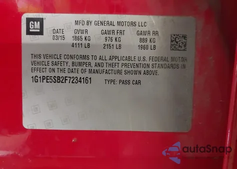 2015 Chevrolet Cruze 2Lt Auto z USA, uszkodzony, nr VIN 1G1PE5SB2F7234161